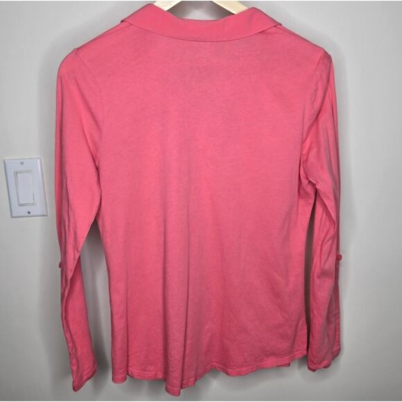 LOFT Coral Pink Women's Mixed Media Top Roll Tab Sleeves Pockets Size SP - Picture 7 of 8